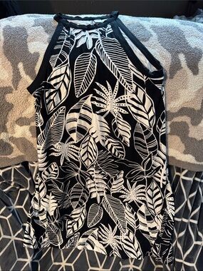 Black & White Tropical Leaf Halter Dress